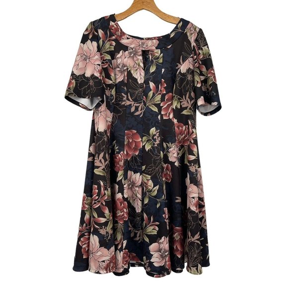 Roz & Ali Keyhole Suba Knit Dress Women's Blue Floral Short Sleeve Size 14 - Picture 1 of 5